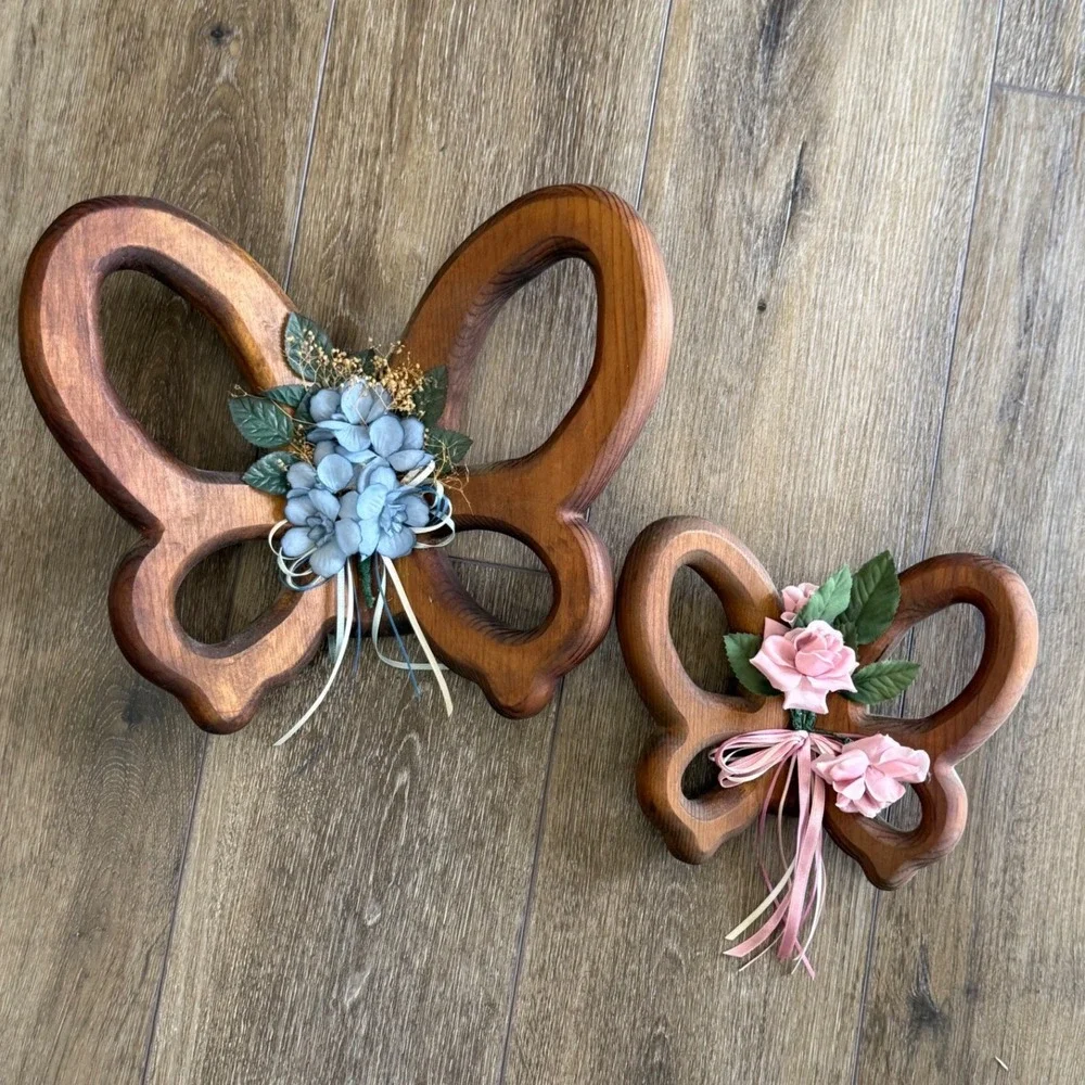 Wood Butterfly Wall Decor Set Carved Floral‎ Cottagecore Boho Hanging Art Pair